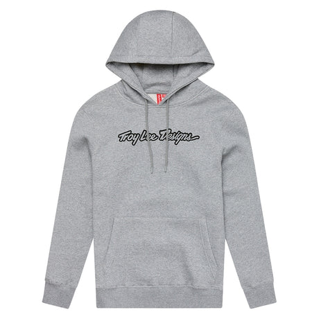 Grauer Troy Lee Designs Signature Hoodie aus meliertem Freizeitstoff, bequem und stilvoll, mit Kapuze und Kängurutaschen.