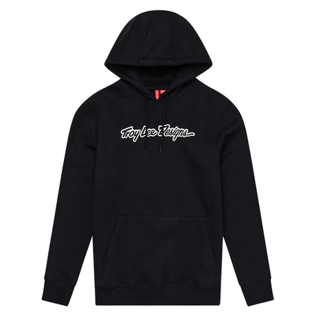 Schwarzer Troy Lee Designs Signature Hoodie, bequeme Freizeitbekleidung mit stylischem Design, auf einem weißen Hintergrund.