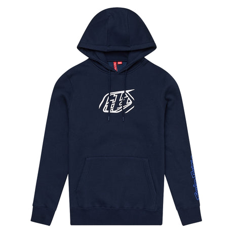 Troy Lee Designs Badge Hoodie in Dunkelblau, bequeme Freizeitbekleidung mit Logo-Print, weiches Material, frontale Kapuze.