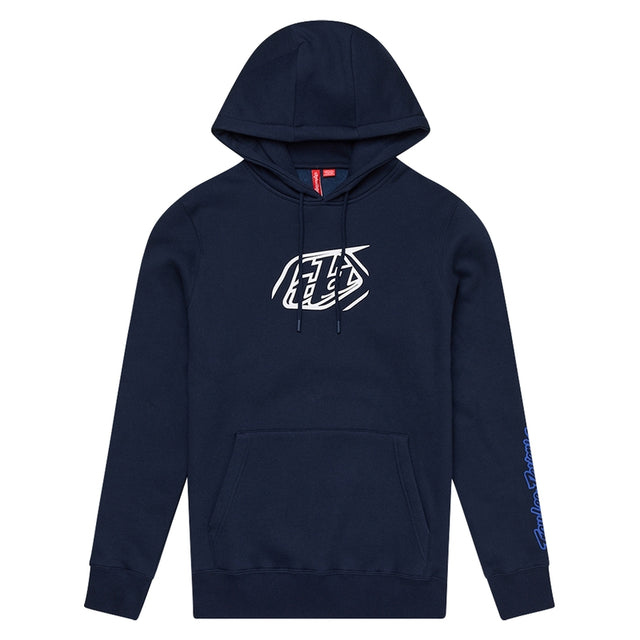 Troy Lee Designs Badge Hoodie in Dunkelblau, bequeme Freizeitbekleidung mit Logo-Print, weiches Material, frontale Kapuze.