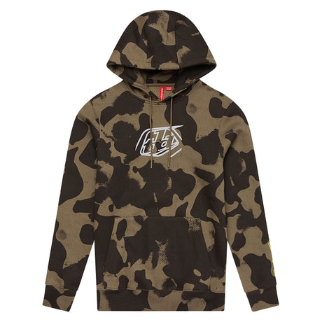 Olivgrüner Troy Lee Designs Badge Hoodie aus Baumwolle, Freizeitbekleidung, mit Camouflage-Muster und Logo-Print.