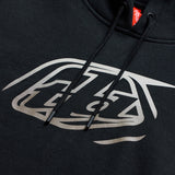 Schwarze und graue Troy Lee Designs Badge Hoodie, bequeme Freizeitbekleidung mit auffälligem Logo auf der Vorderseite.