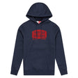 Troy Lee Designs Stamp Hoodie in dunkelblau meliert, bequeme Freizeitbekleidung mit sportlichem Design, auf dem Rücken sichtbar.