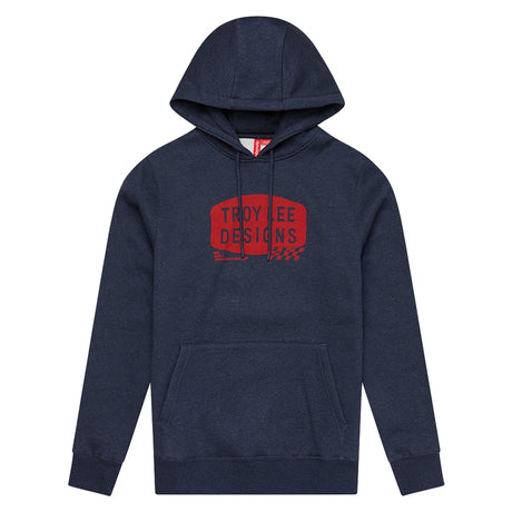 Troy Lee Designs Stamp Hoodie in dunkelblau meliert, bequeme Freizeitbekleidung mit sportlichem Design, auf dem Rücken sichtbar.