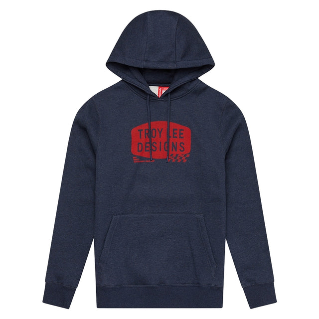 Troy Lee Designs Stamp Hoodie in dunkelblau meliert, bequeme Freizeitbekleidung mit sportlichem Design, auf dem Rücken sichtbar.