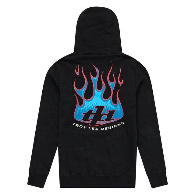 Schwarzer Troy Lee Designs Torched Hoodie aus Freizeitbekleidung, mit auffälligem Flame-Design und komfortable Passform.