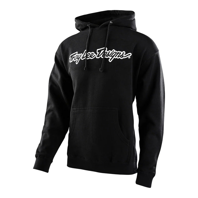 Schwarzer Jugend Hoodie von TROY LEE DESIGNS, bequemes Freizeitbekleidungsstück mit Logo-Print, auf einem weißen Hintergrund.