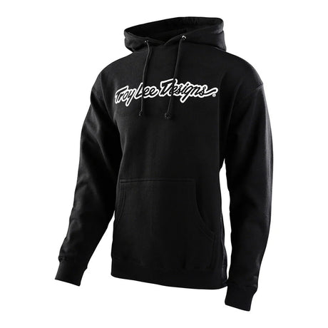 Schwarzer Jugend Hoodie von TROY LEE DESIGNS, bequemes Freizeitbekleidungsstück mit Logo-Print, auf einem weißen Hintergrund.