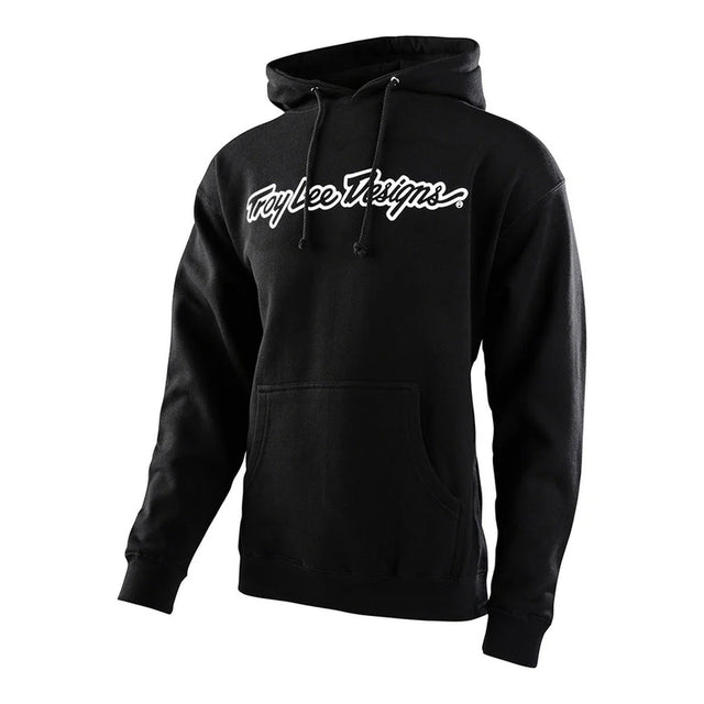 Schwarzer Jugend Hoodie von TROY LEE DESIGNS, bequemes Freizeitbekleidungsstück mit Logo-Print, auf einem weißen Hintergrund.