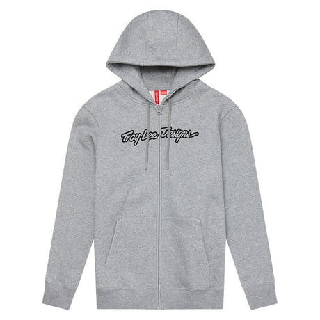 Grauer Troy Lee Designs Zip-up Signature Hoodie aus meliertem Freizeitstoff, bequemes Design, frontal mit Reißverschluss.