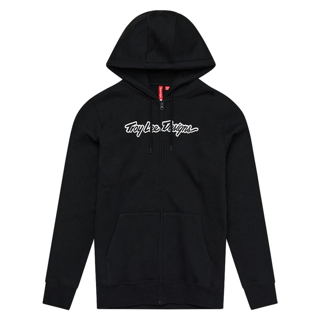 Troy Lee Designs Zip Up Signature Hoodie in Schwarz, bequeme Freizeitbekleidung mit Reißverschluss und Markenlogo auf der Vorderseite