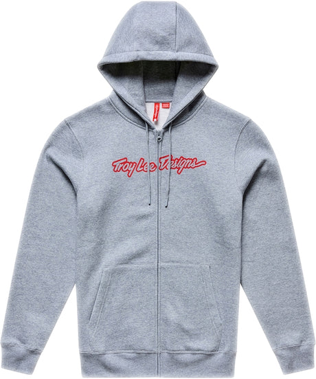 Grauer TROY LEE DESIGNS Zip-up Signature Hoodie aus Freizeitbekleidung, mit grauem, heather und roten Details sichtbar.