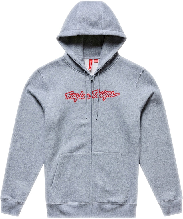 Grauer TROY LEE DESIGNS Zip-up Signature Hoodie aus Freizeitbekleidung, mit grauem, heather und roten Details sichtbar.