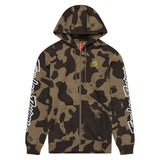 Olivgrüner TROY LEE DESIGNS Zip-up Hoodie aus Camouflage-Freizeitbekleidung, mit Reißverschluss und Markenlogo.