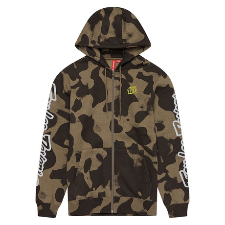 Olivgrüner TROY LEE DESIGNS Zip-up Hoodie aus Camouflage-Freizeitbekleidung, mit Reißverschluss und Markenlogo.