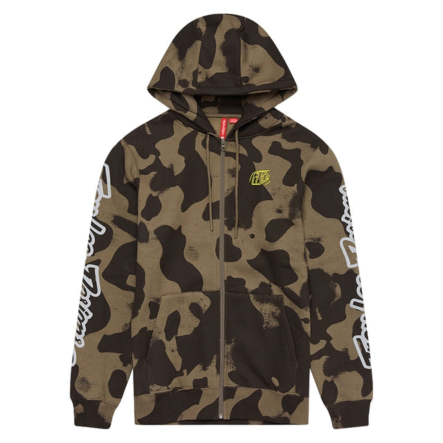 Olivgrüner TROY LEE DESIGNS Zip-up Hoodie aus Camouflage-Freizeitbekleidung, mit Reißverschluss und Markenlogo.