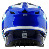 Motocrosshelm von TROY LEE DESIGNS in Blau und Weiß mit stylischem Design und Schutzpolster, für sichere Offroad-Fahrten.