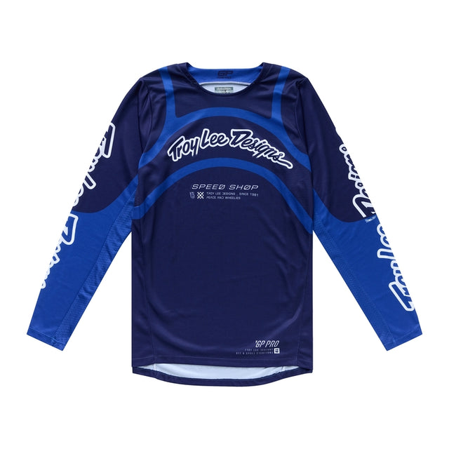 Troy Lee Designs GP Pro Swerve MX-Jersey in Dunkelblau und Blau, sportliches Motocross-Trikot mit Logo und atmungsaktivem Material
