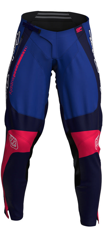 Troy Lee Designs GP Pro MX-Hose in Dunkelblau und Weiß, strapazierfähige Motocross-Hose mit elastischem Bund und Protektoren.