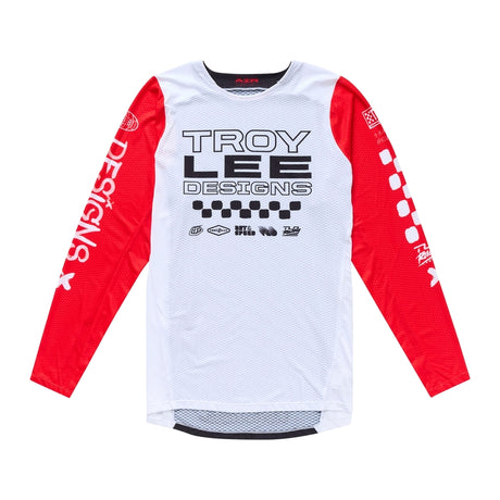 Motorrad MX-Jersey von Troy Lee Designs GP Pro Air in Rot, Weiß und Schwarz, atmungsaktives Design für Offroad-Motorsport.