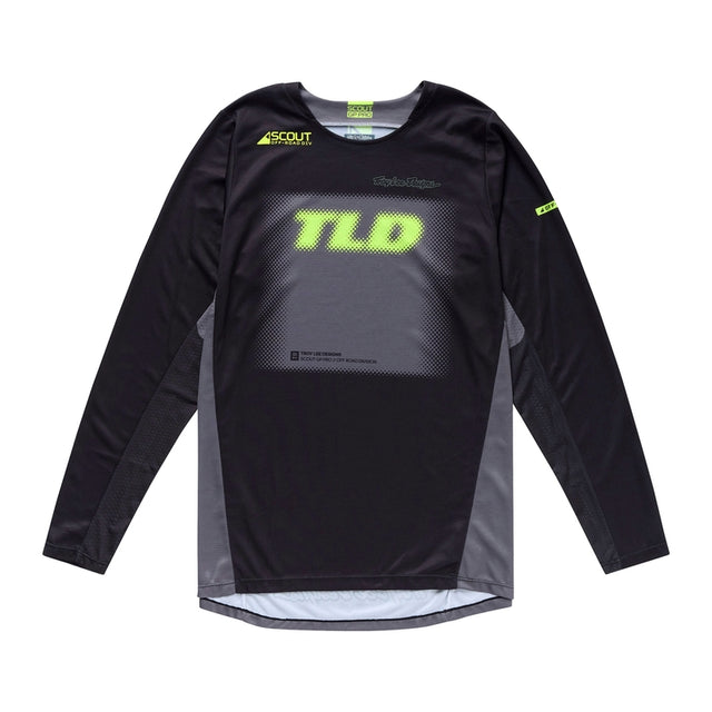 Troy Lee Designs Scout GP Pro Fade Out MX-Jersey in Schwarz mit auffälligem Farbverlauf und sportlichem Design.
