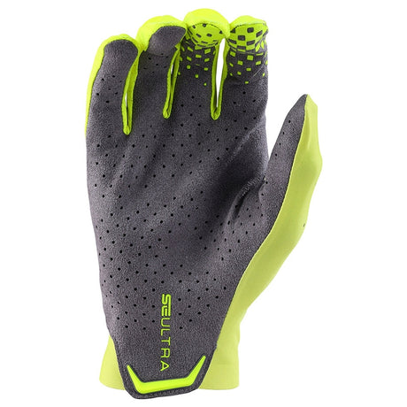 Troy Lee Designs MX-Handschuhe Ultra Solid in Neon Gelb und Grau, mit strapazierfähigem Material und gelben Akzenten.
