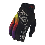 Schwarze und bunte TROY LEE DESIGNS MX-Handschuhe Air Stripes mit robustem Design und gepolstertem Handrücken.