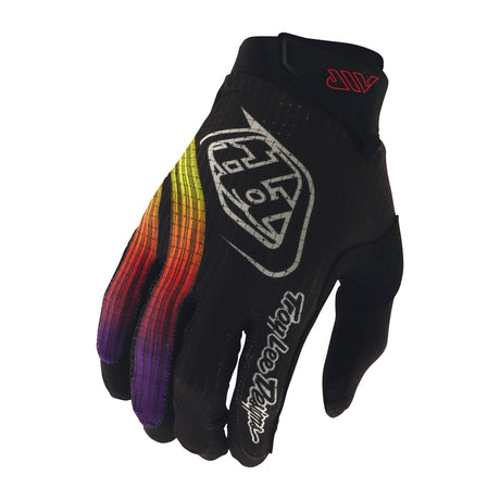 Schwarze und bunte TROY LEE DESIGNS MX-Handschuhe Air Stripes mit robustem Design und gepolstertem Handrücken.
