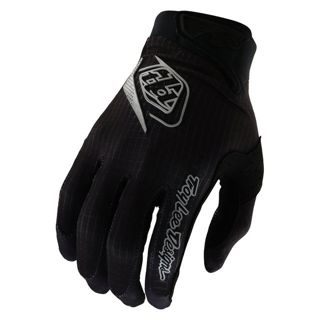 Schwarze Troy Lee Designs Air Mono MX-Handschuhe mit gepolstertem Handrücken und rutschfesten Griffen, für Motorradfahren.