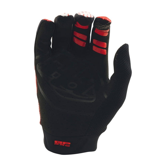 Troy Lee Designs GP Pro MX-Handschuhe in Rot und Weiß mit robustem Material und verstärkten Handflächen.