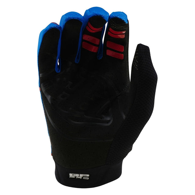 Blaue Troy Lee Designs GP Pro Mono MX-Handschuhe mit gepolstertem Handrücken und rutschfesten Handflächen.