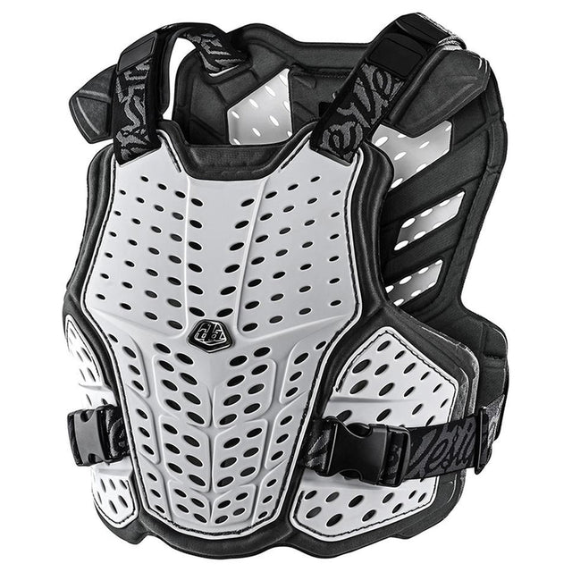 Troy Lee Designs Rockfight Brustprotektor in Weiß, schützender Protektor für Sport und Freizeit, auf weißem Hintergrund.