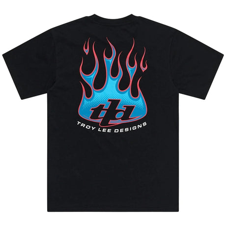 Schwarz T-Shirt von Troy Lee Designs mit Torch-Design, bequemes Freizeitbekleidung, sichtbares Logo und grafisches Muster auf der Vorderseite.