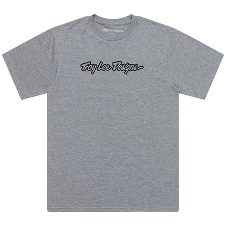 Graues, meliertes Troy Lee Designs Signature T-Shirt aus Freizeitbekleidung, bequemes Design, auf Bild sichtbar.