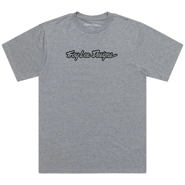 Graues, meliertes Troy Lee Designs Signature T-Shirt aus Freizeitbekleidung, bequemes Design, auf Bild sichtbar.