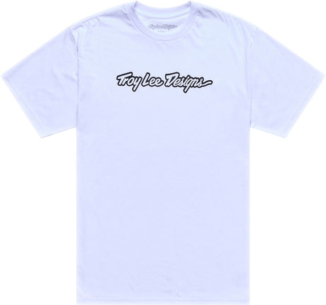 Troy Lee Designs Signature T-Shirt in Weiß und Schwarz, Freizeitbekleidung, bequemes Casual-Shirt, frontale Ansicht