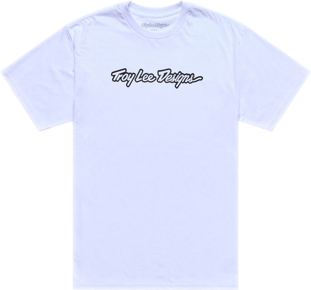 Troy Lee Designs Signature T-Shirt in Weiß und Schwarz, Freizeitbekleidung, bequemes Casual-Shirt, frontale Ansicht