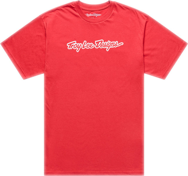 Troy Lee Designs Signature Jugend T-Shirt in Scarlet, Freizeitbekleidung für Jugendliche, bequemes rotes T-Shirt mit Markenlogo
