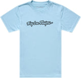 Troy Lee Designs Signature Jugend T-Shirt Dawn Blau, bequeme Freizeitbekleidung mit stylischem Design, auf einem weißen Hintergrund.
