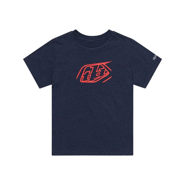 Dunkelblaues, meliertes T-Shirt von Troy Lee Designs mit Badge-Design, bequeme Freizeitbekleidung für Jugendliche.