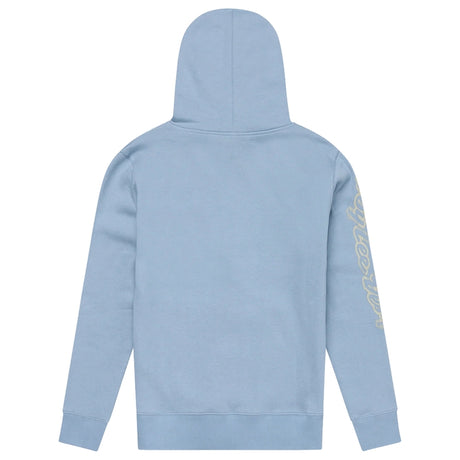 Troy Lee Designs Peace Out Damen Hoodie in Rauchblau, bequeme Freizeitbekleidung mit modernem Design, vorne sichtbar.