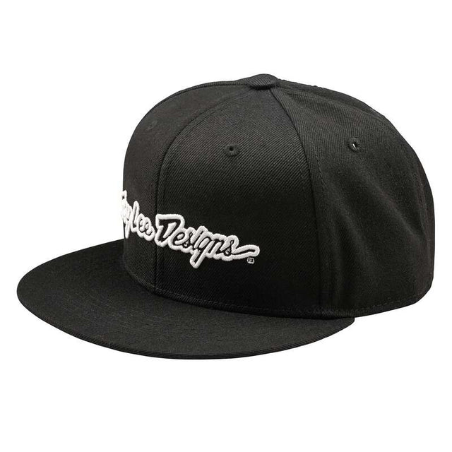 Troy Lee Designs Signature Cap im Flat Bill Snapback, schwarze Freizeitbekleidung mit TROY LEE DESIGNS Logo, modischer Streetstyle.