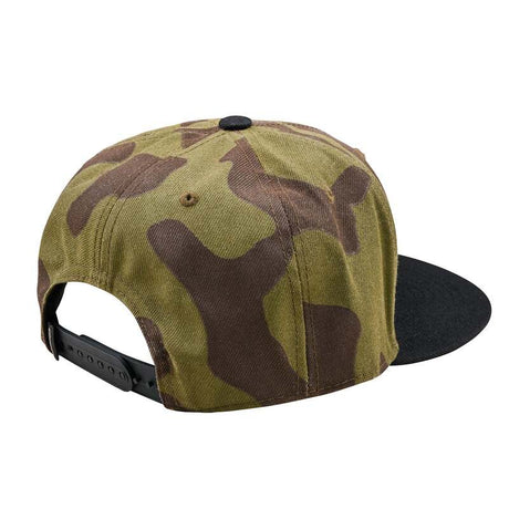 Grüner Troy Lee Designs Snapback-Cap mit flachem Bill im Camouflage-Design, Freizeitbekleidung, seitliche Ansicht
