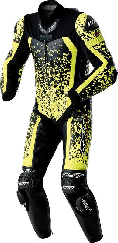 Schwarze RST Pro Series D3O Airbag Motorrad-Lederkombi mit gelben Akzenten, einteilig, sichtbare Protektoren und atmungsaktives Design