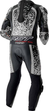 Schwarze und silberne RST Pro Series D3O Airbag Lederkombi für Motorräder, einteilig, mit sichtbaren Schutzpolstern, sportliches Design