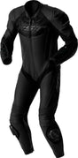Schwarze RST Tractech Evo D3O Lederkombi für Motorrad, einteilig, mit Schutzmaterial, sichtbar auf einem Modell getragen