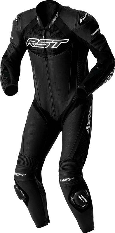 Schwarze und weiße RST Tractech Evo D3O Motorrad-Lederkombi, 1-teilige Lederkombi, sichtbare Details und Material.