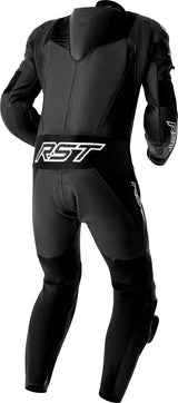 Schwarze und weiße RST Tractech Evo D3O Lederkombi für Motorrad, einteilig, mit Schutzmaterial, auf einem Motorrad liegend