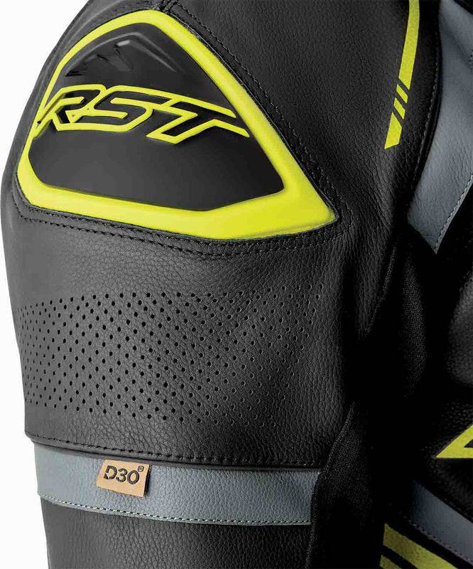 Schwarze und gelbe RST S1 D3O Motorrad Lederkombi, 1-teilig, Nahaufnahme des robusten Ledermaterials und D3O-Schutzeinsätze