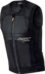Rost D3O Essential Airbag Weste in Schwarz mit reflektierenden Streifen und Schulterpolstern, für Motorradfahrer geschützt.